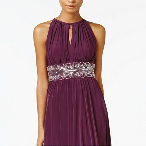 New! R&M RICHARDS Women's Beaded Waist Front-Slit Maxi Dress Color Merlot - Picture 3 of 4